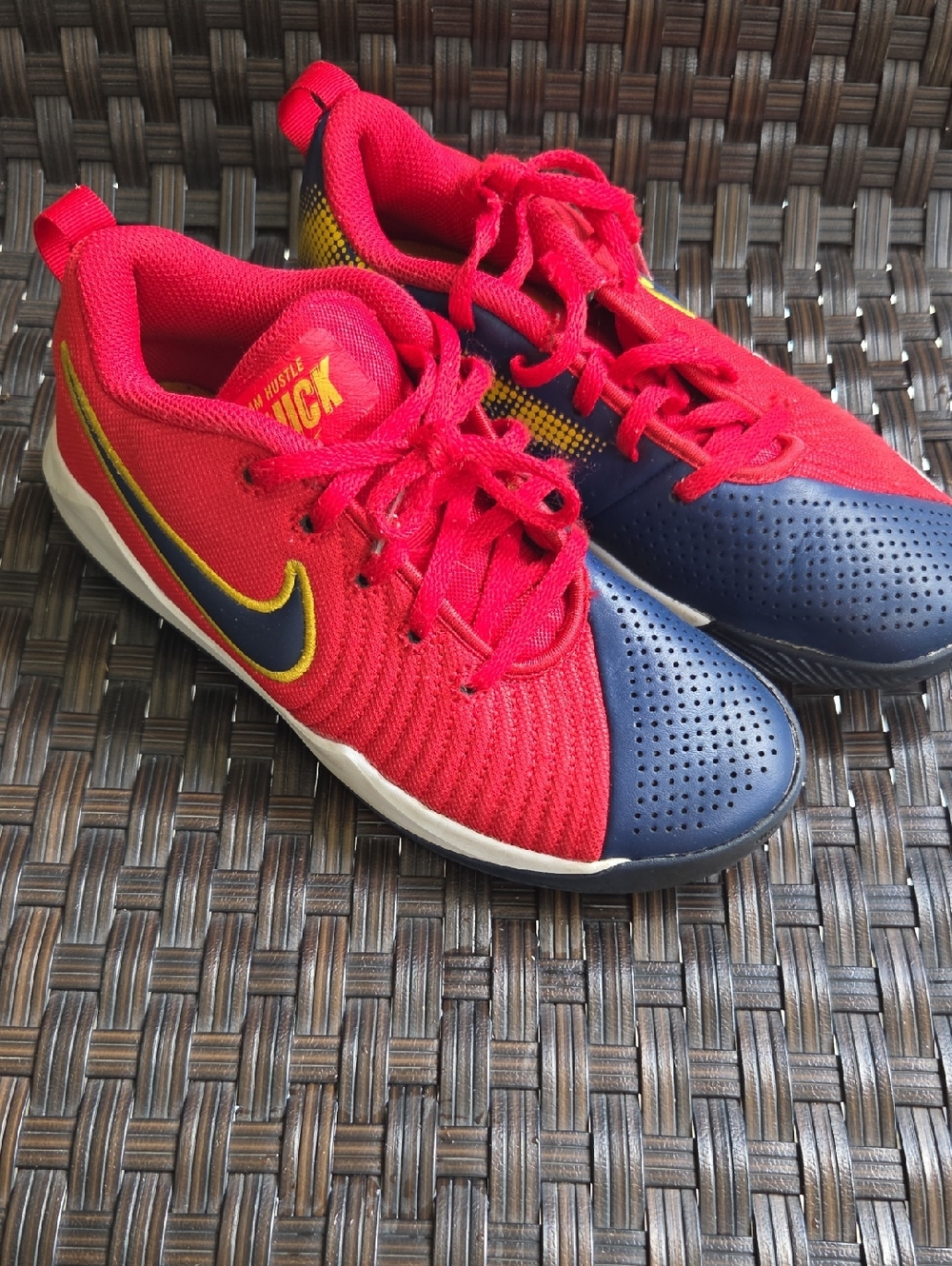 Nike Kids Red and Navy Mesh Athletic Sneakers with Yellow Trim